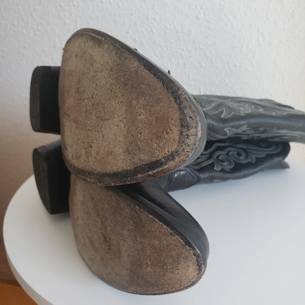 Nocona Western Cowboy Rancho Black Leather Stitch Flame Boots